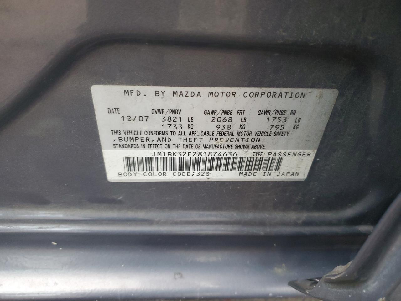 2008 Mazda 3 VIN JM1BK32F281874636 Copart auction photo, front end damage thumbnail 12