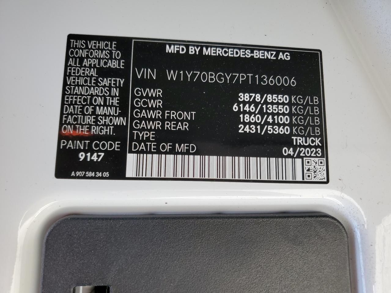 2023 Mercedes-Benz Sprinter VIN W1Y70BGY7PT136006 Copart auction photo, front end / rear end damage thumbnail 13