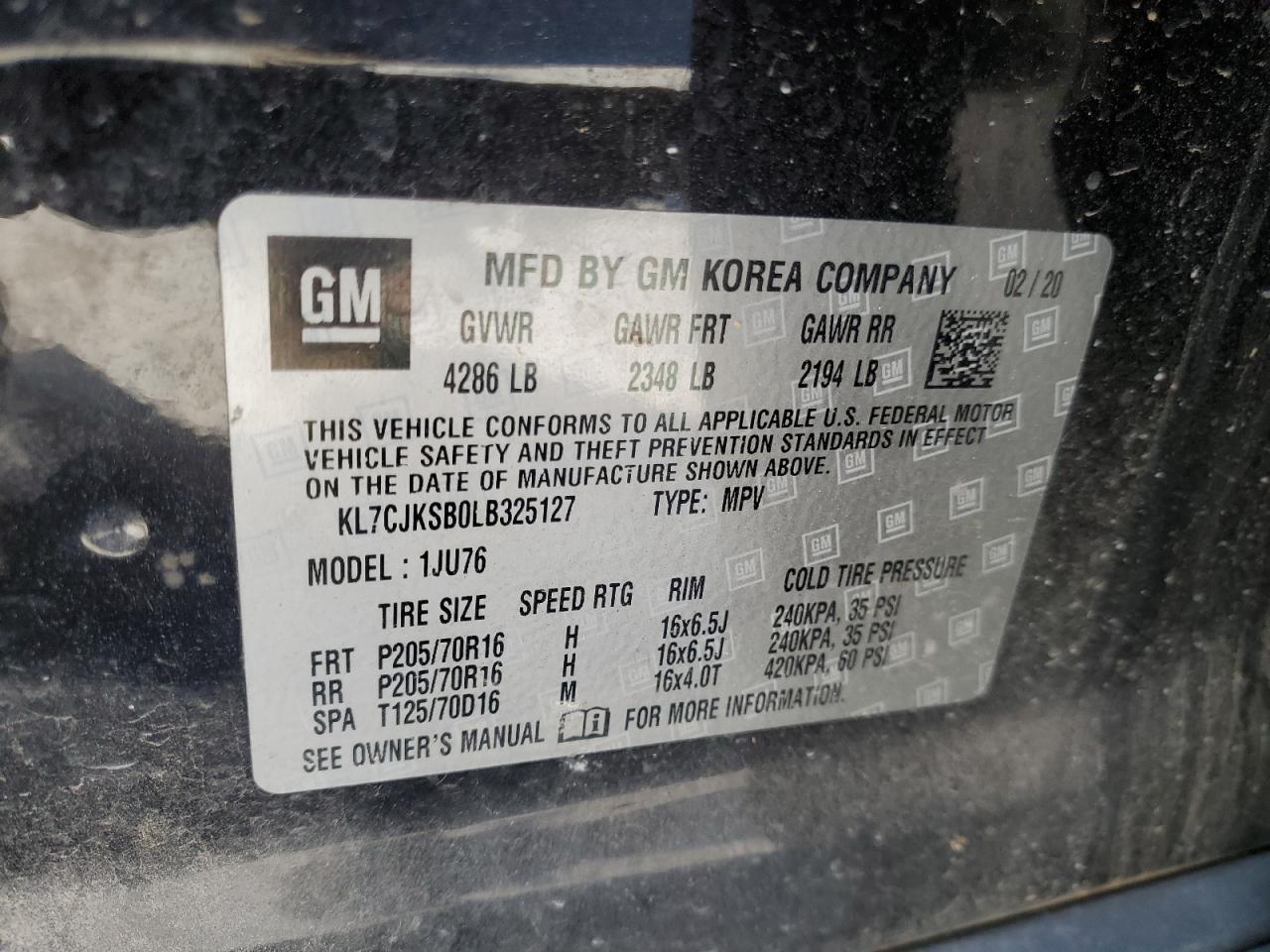 2020 Chevrolet Trax VIN KL7CJKSB0LB325127 Copart auction photo, undercarriage / rear end damage thumbnail 13