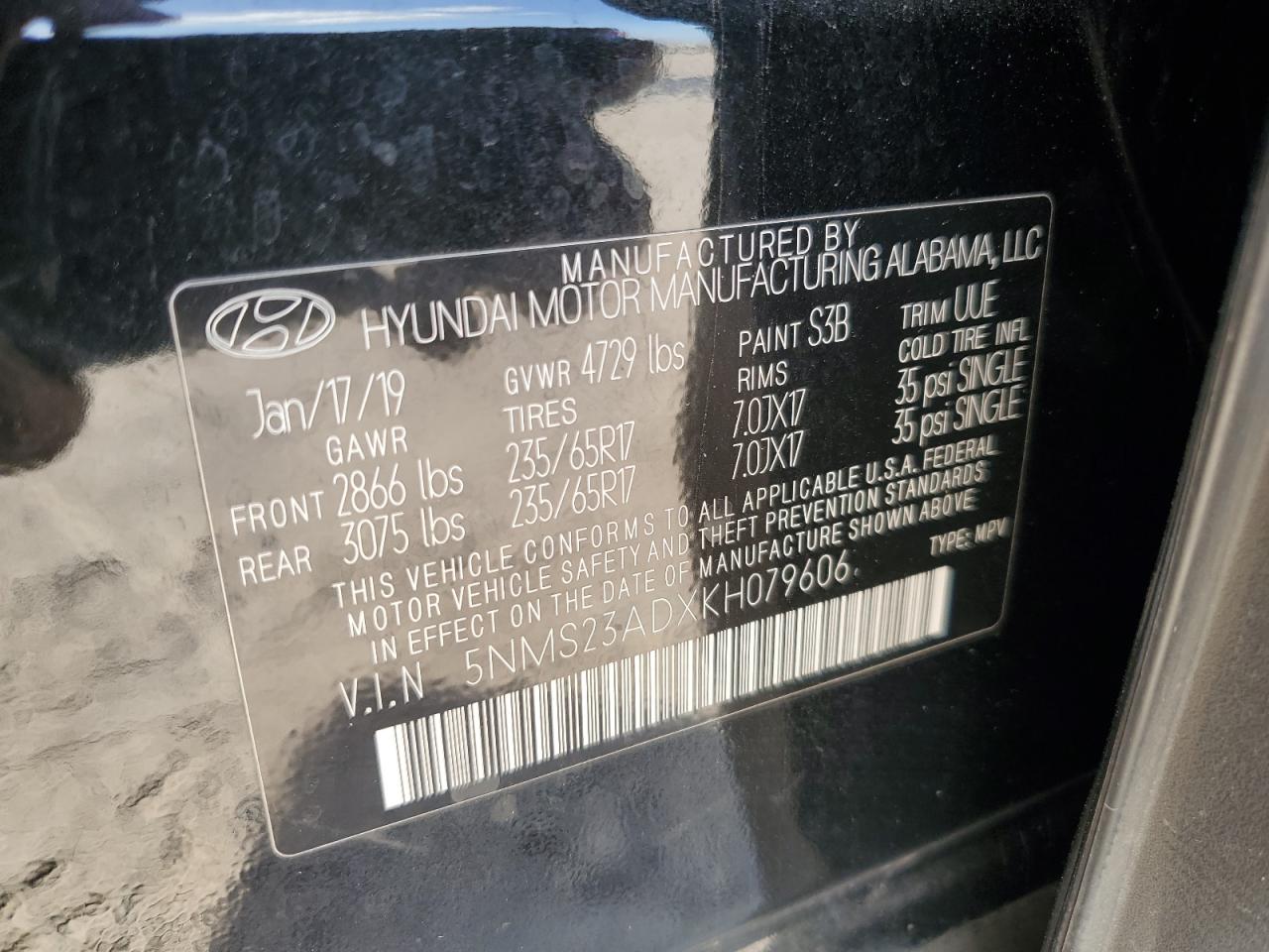 2019 Hyundai Santa Fe VIN 5NMS23ADXKH079606 Copart auction photo, front end damage thumbnail 14