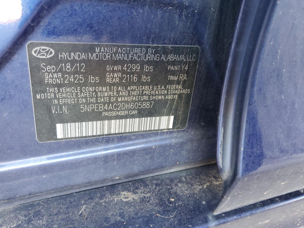 2013 Hyundai Sonata VIN 5NPEB4AC2DH605887 Copart auction photo, mechanical / minor dent/scratches damage thumbnail 12