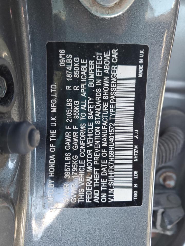 2017 Honda Civic VIN SHHFK7H59HU401572 Copart auction photo, front end damage thumbnail 12