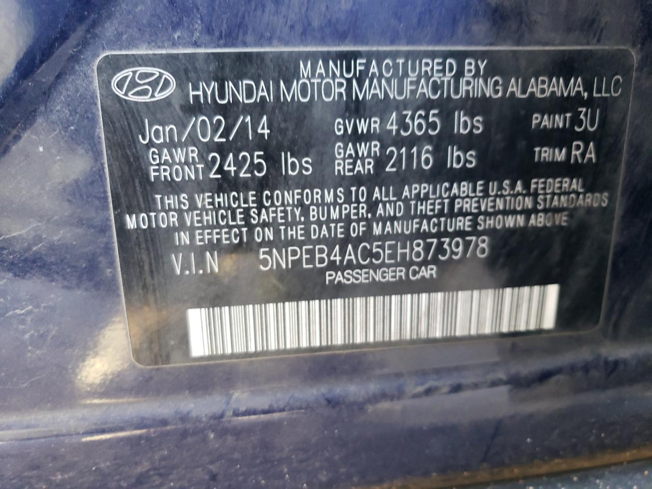 2014 Hyundai Sonata VIN 5NPEB4AC5EH873978 Copart auction photo, front end damage thumbnail 12