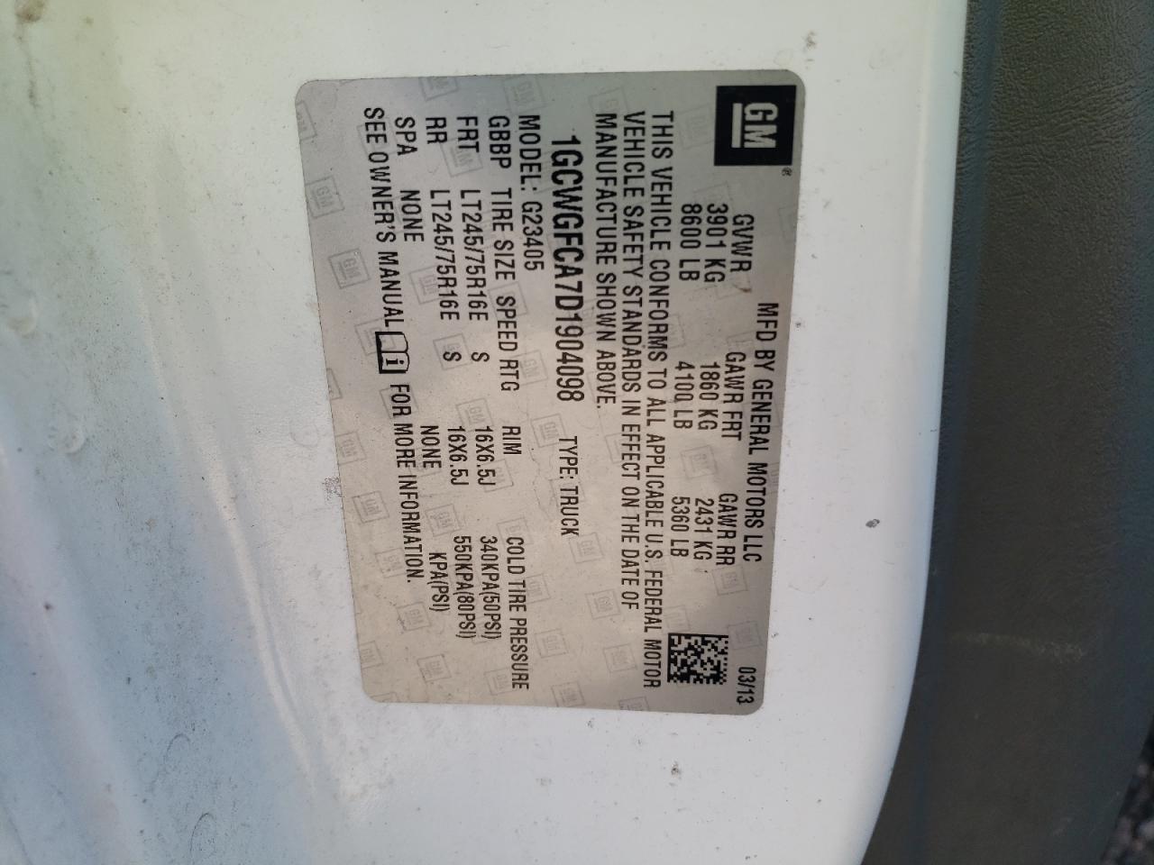 2013 Chevrolet Express VIN 1GCWGFCA7D1904098 Copart auction photo, mechanical damage thumbnail 13
