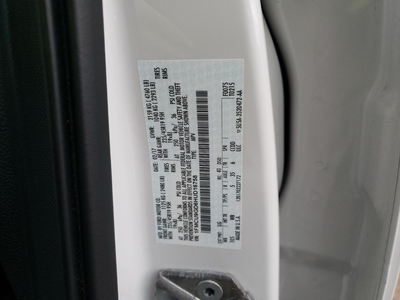 2017 Ford Escape VIN 1FMCU9GD6HUD16758 Copart auction photo, front end damage thumbnail 13