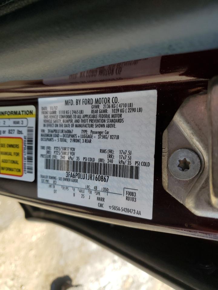 2018 Ford Fusion VIN 3FA6P0LU1JR160867 Copart auction photo, front end / mechanical damage thumbnail 13