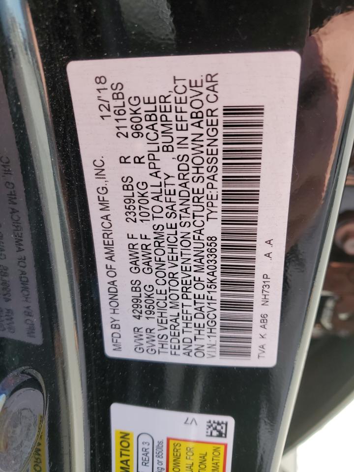 2019 Honda Accord VIN 1HGCV1F15KA033658 Copart auction photo, rear end damage thumbnail 12