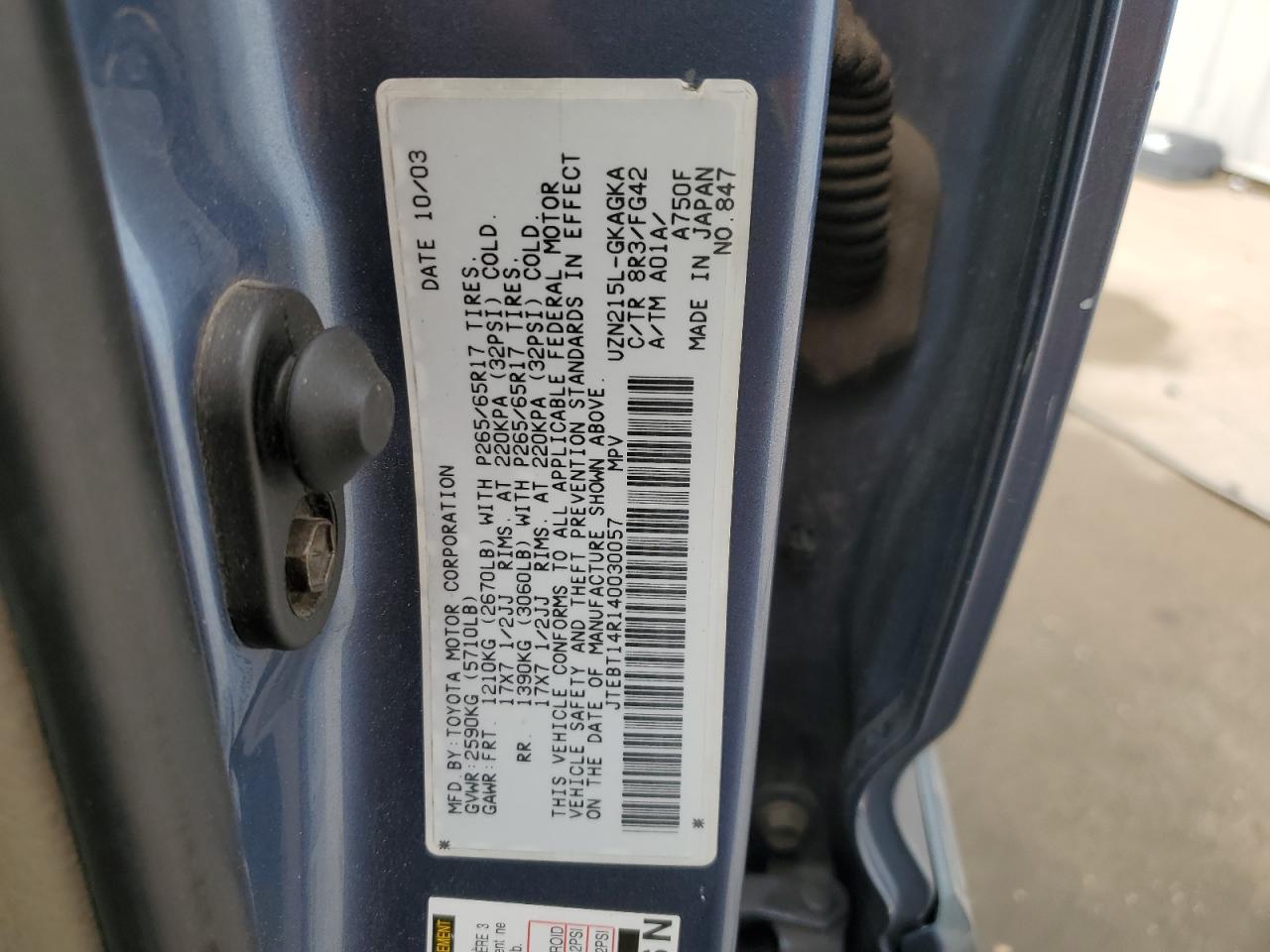 2004 Toyota 4Runner VIN JTEBT14R140030057 Copart auction photo, side damage thumbnail 13