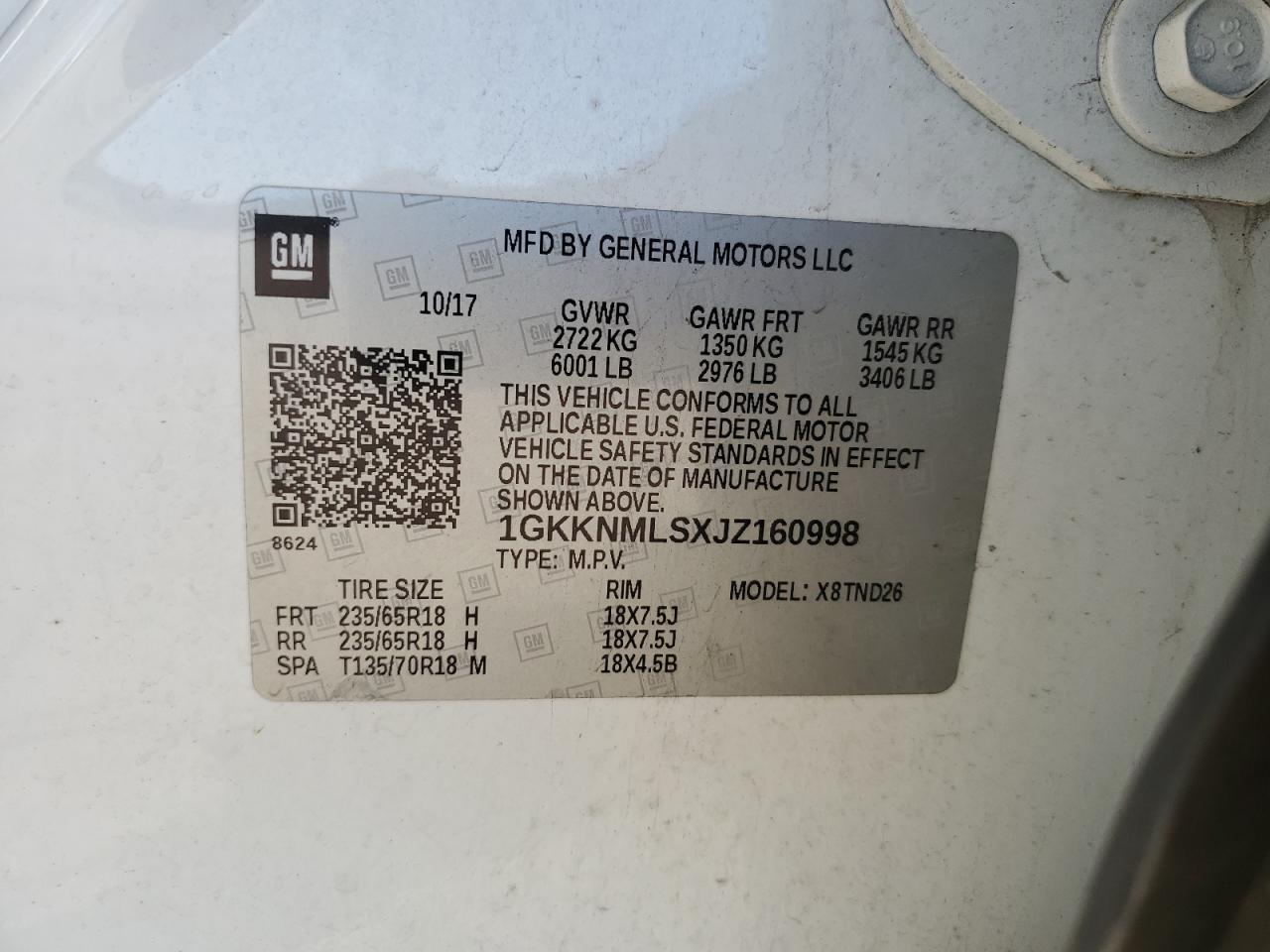 2018 GMC Acadia VIN 1GKKNMLSXJZ160998 Copart auction photo, front end damage thumbnail 14