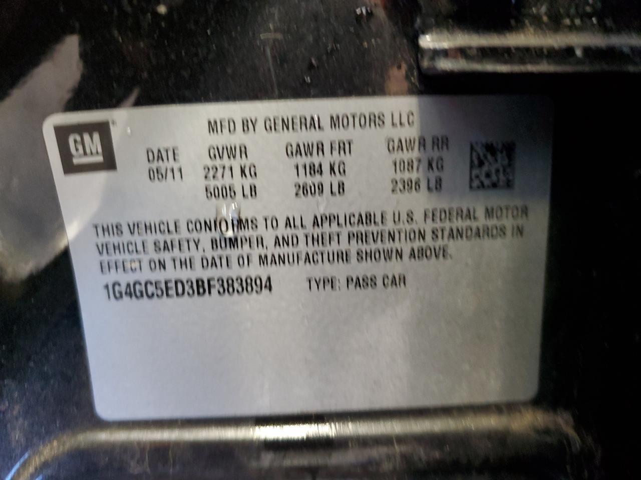 2011 Buick LaCrosse VIN 1G4GC5ED3BF383894 Copart auction photo, front end damage thumbnail 12