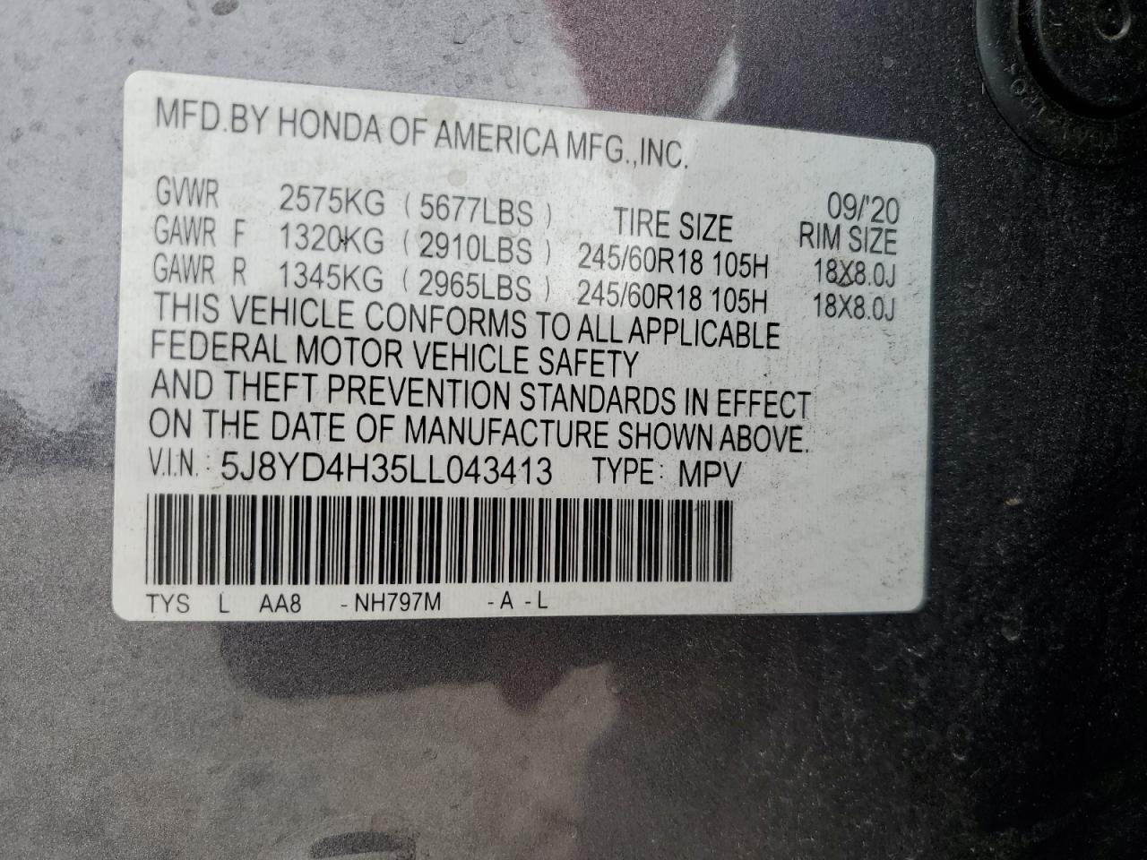 2020 Acura MDX VIN 5J8YD4H35LL043413 Copart auction photo, front end damage thumbnail 13