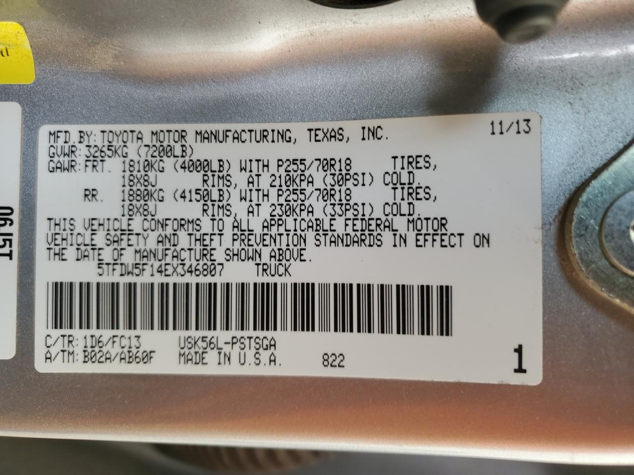2014 Toyota Tundra VIN 5TFDW5F14EX346807 Copart auction photo, rear end / hail damage thumbnail 12