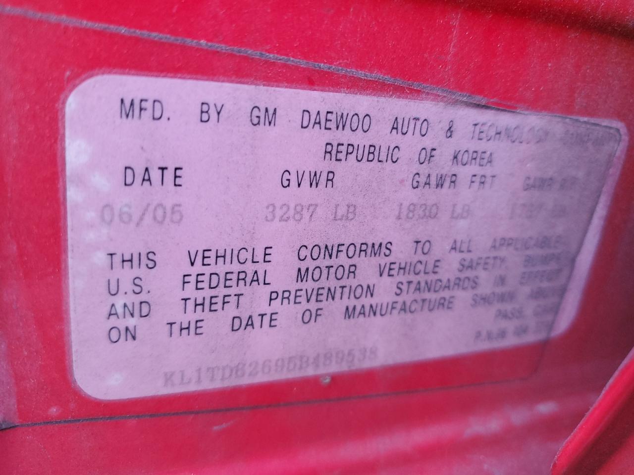 2005 Chevrolet Aveo VIN KL1TD62695B489538 Copart auction photo, minor dent/scratches damage thumbnail 12