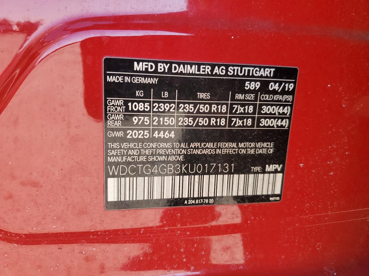 2019 Mercedes-Benz GLA-klasse VIN WDCTG4GB3KU017131 Copart auction photo, frame damage / front end damage thumbnail 13