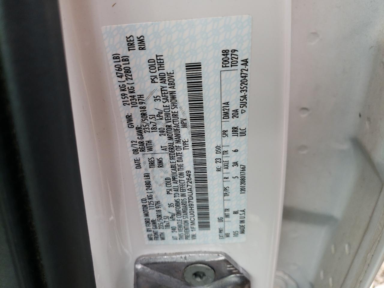 2013 Ford Escape VIN 1FMCU0H97DUA72649 Copart auction photo, front end / minor dent/scratches damage thumbnail 13