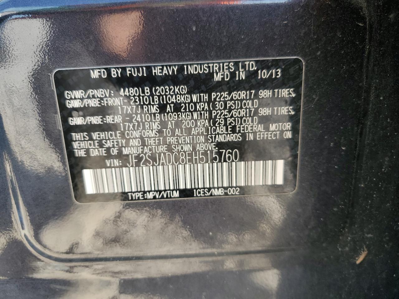 2014 Subaru Forester VIN JF2SJADC8EH515760 Copart auction photo, front end damage thumbnail 16