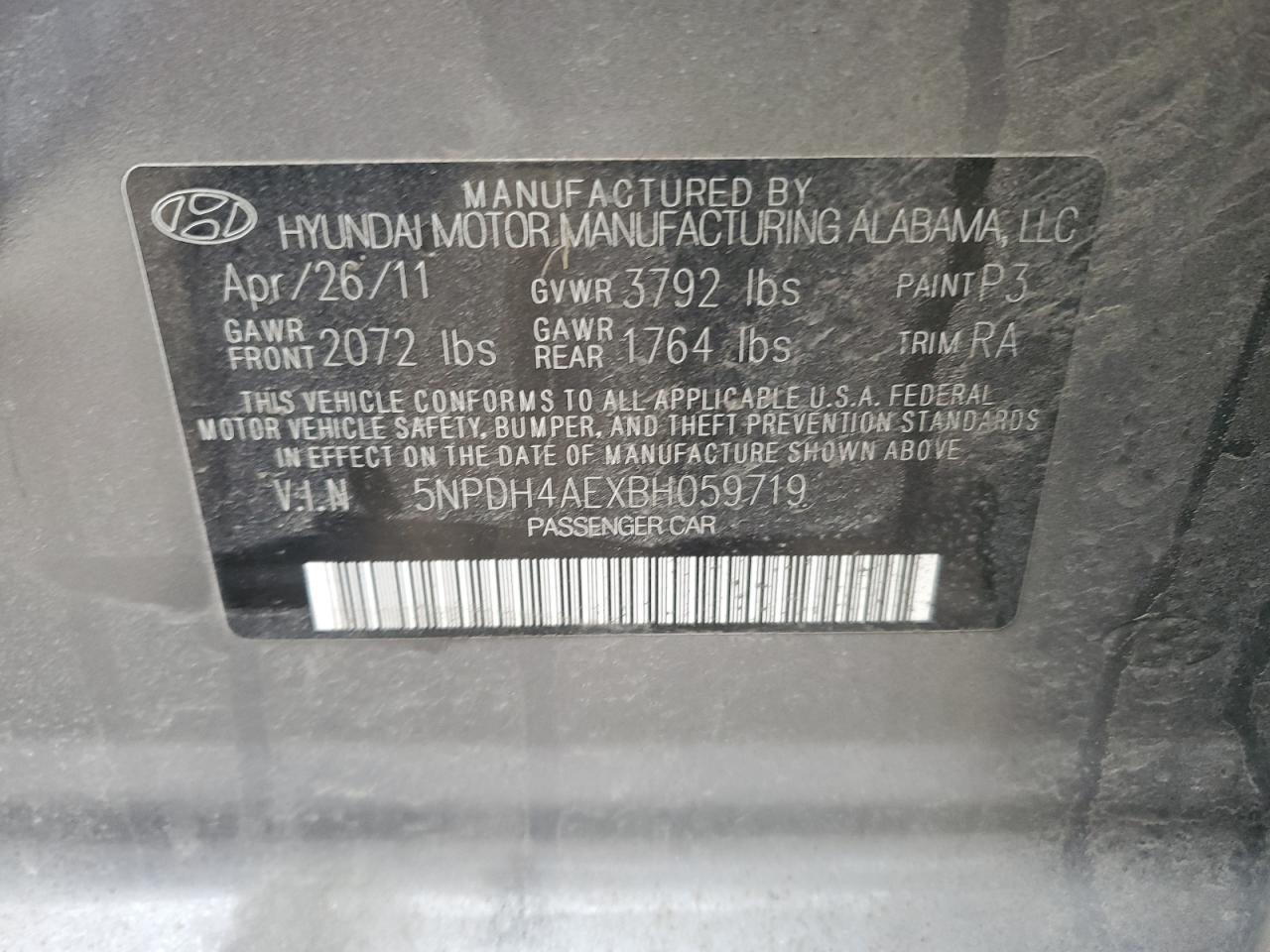 2011 Hyundai Elantra VIN 5NPDH4AEXBH059719 Copart auction photo, rear end / front end damage thumbnail 12
