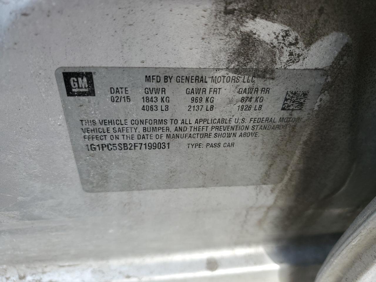 2015 Chevrolet Cruze VIN 1G1PC5SB2F7199031 Copart auction photo, side damage thumbnail 13