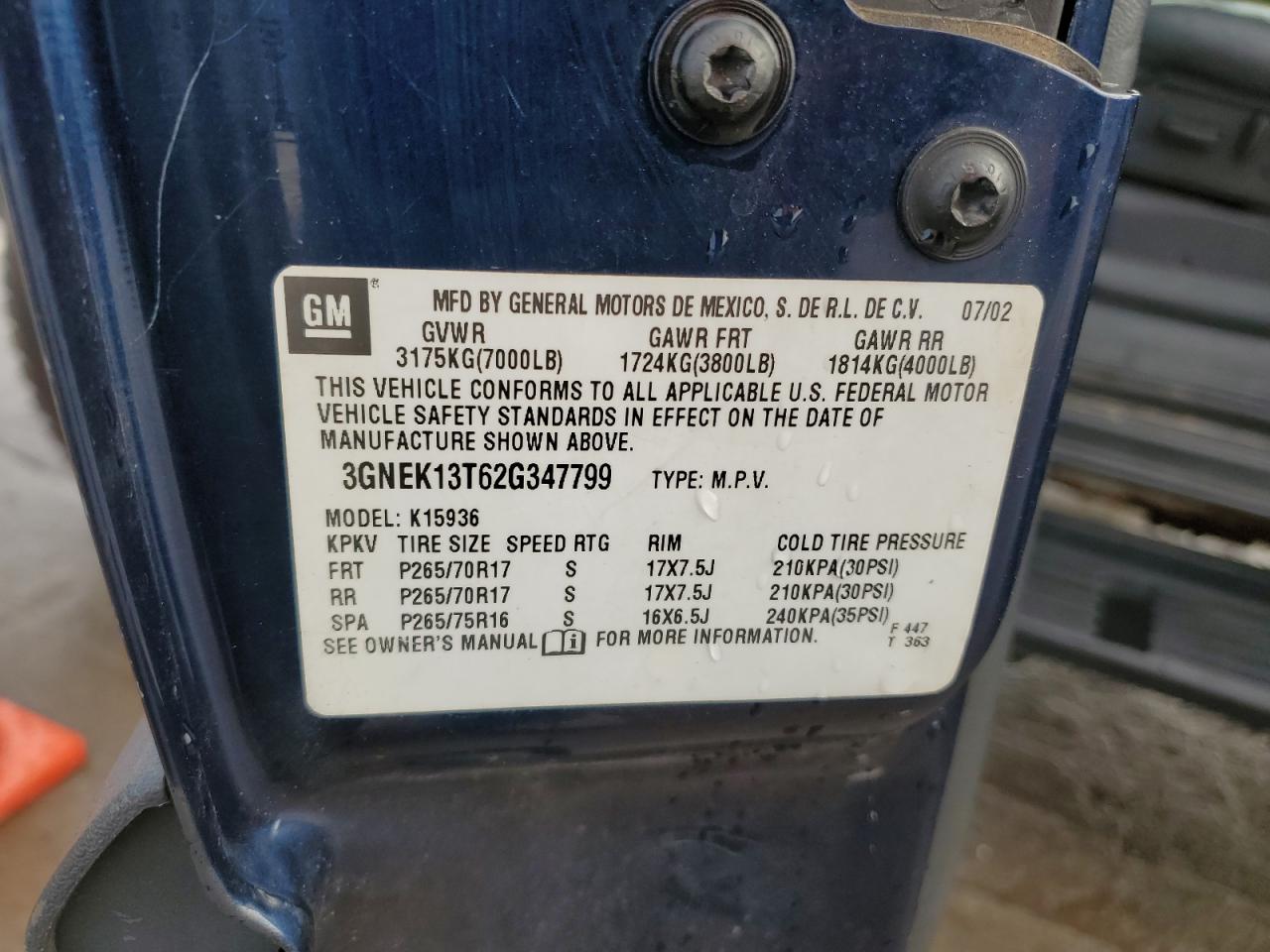 2002 Chevrolet Avalanche VIN 3GNEK13T62G347799 Copart auction photo, rear end damage thumbnail 12