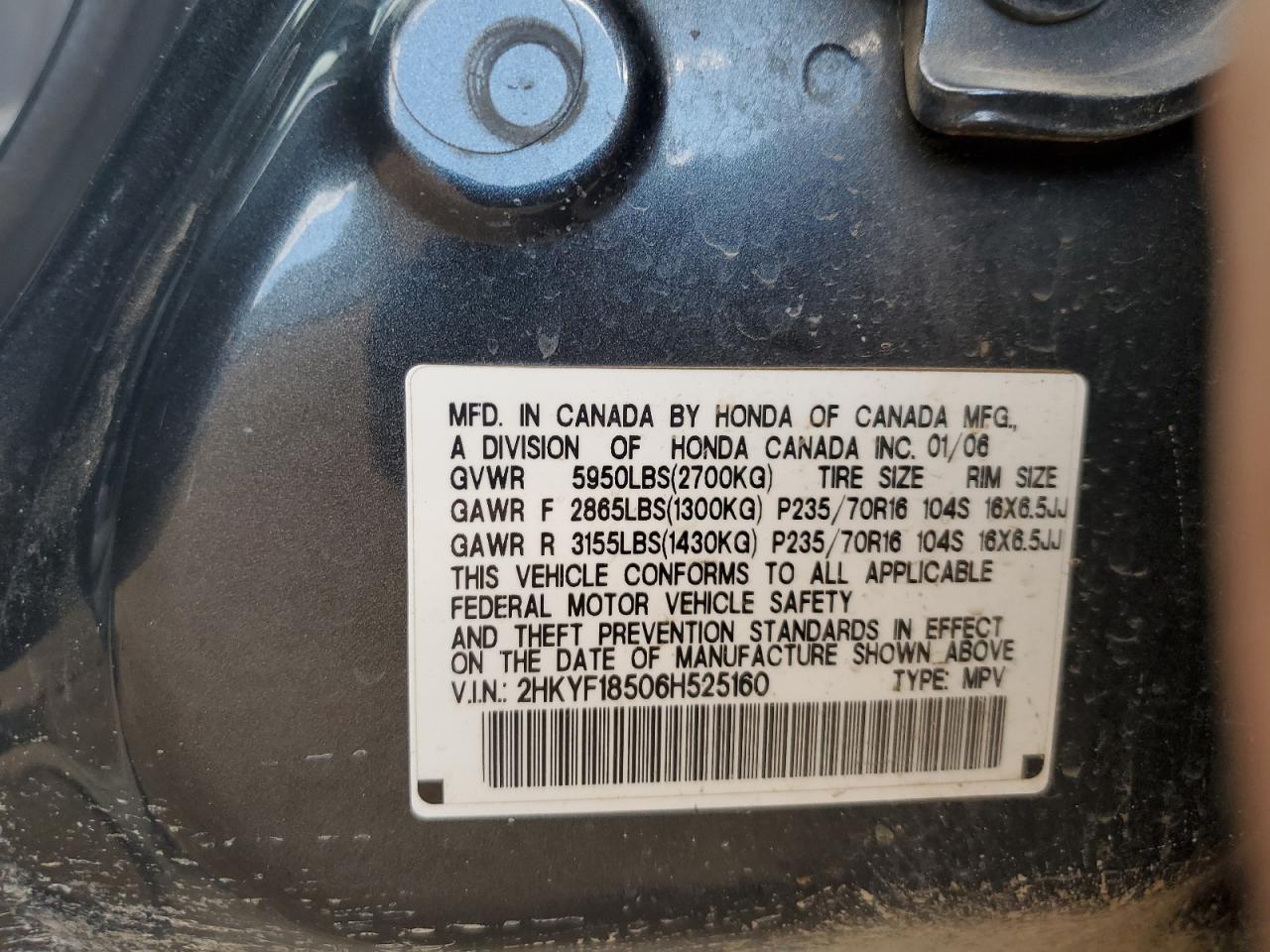 2006 Honda Pilot VIN 2HKYF18506H525160 Copart auction photo, minor dent/scratches damage thumbnail 13