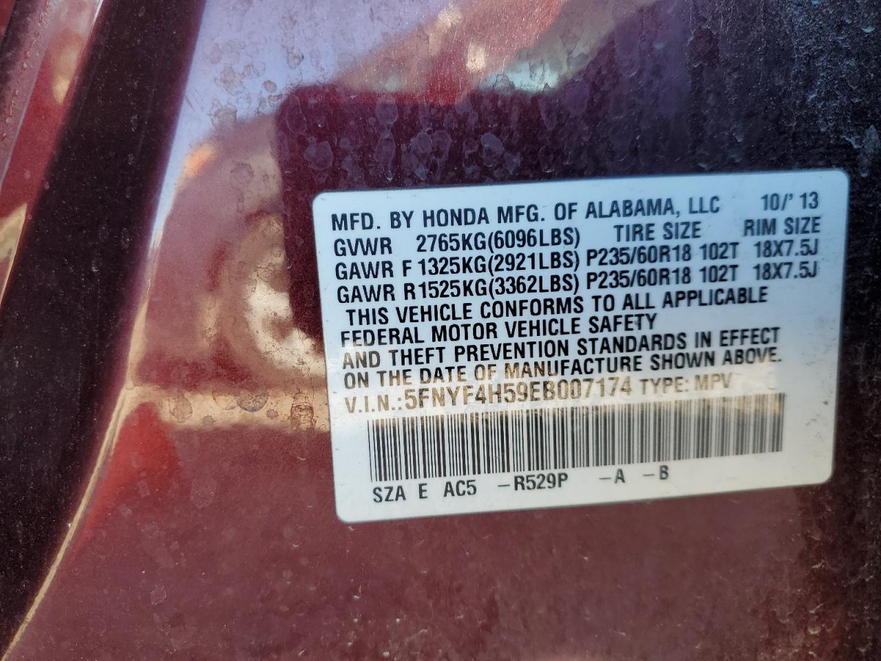 2014 Honda Pilot VIN 5FNYF4H59EB007174 Copart auction photo, front end damage thumbnail 13