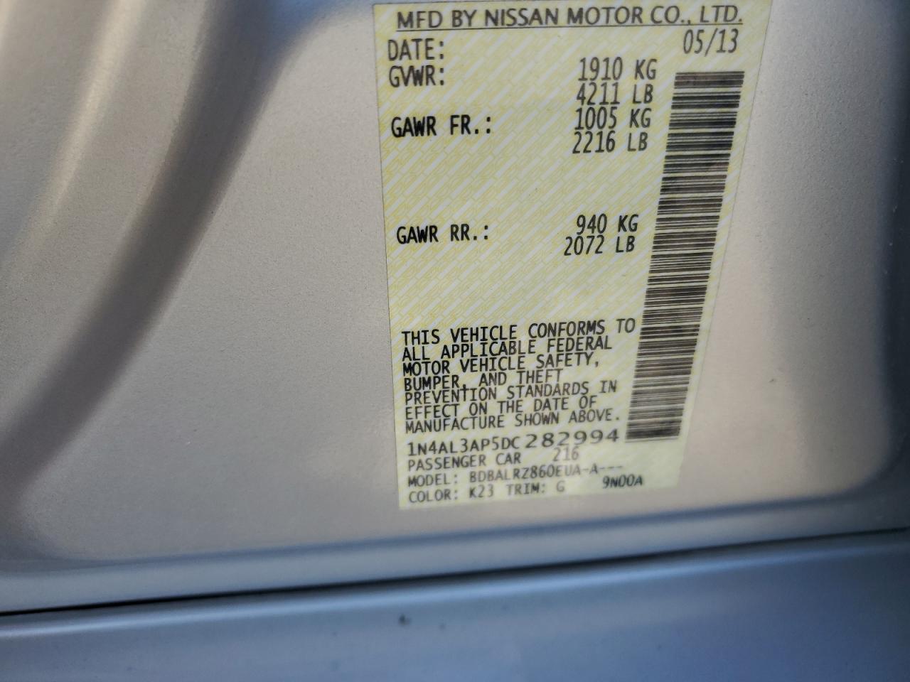 2013 Nissan Altima VIN 1N4AL3AP5DC282994 Copart auction photo, front end damage thumbnail 14