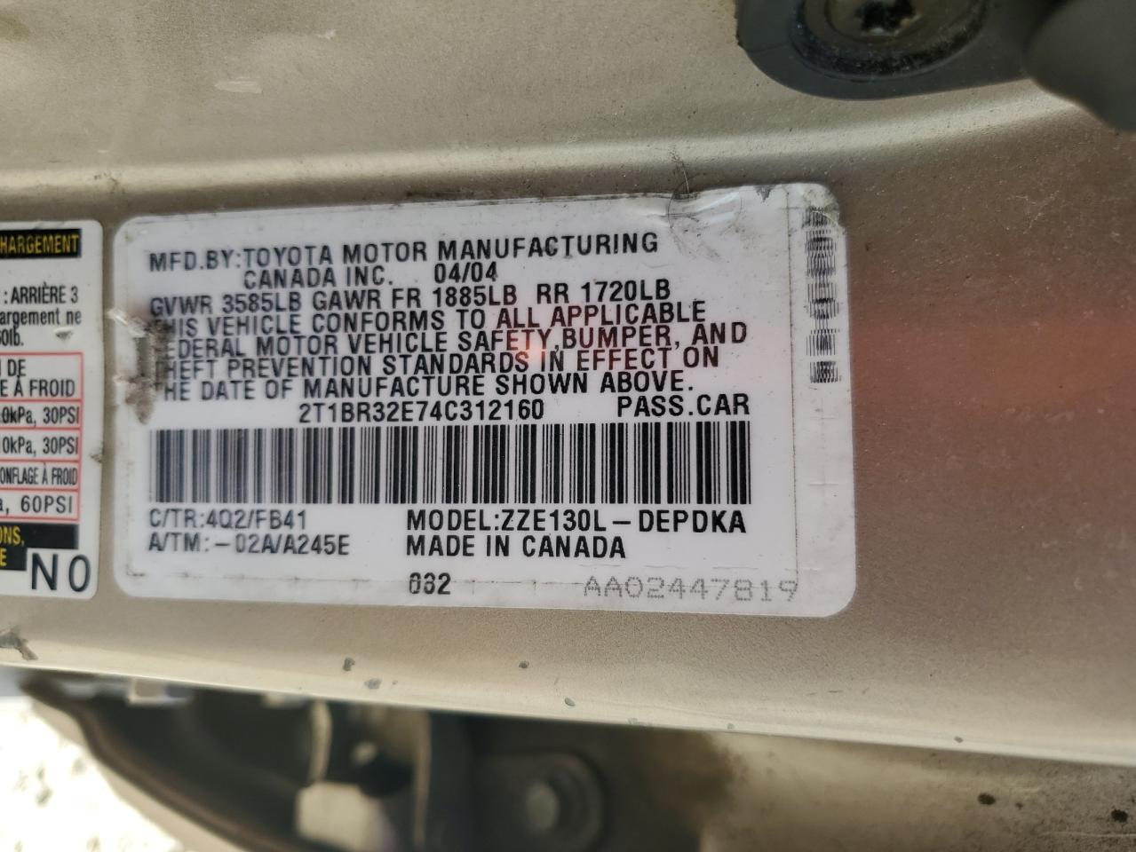2004 Toyota Corolla VIN 2T1BR32E74C312160 Copart auction photo, side damage thumbnail 12