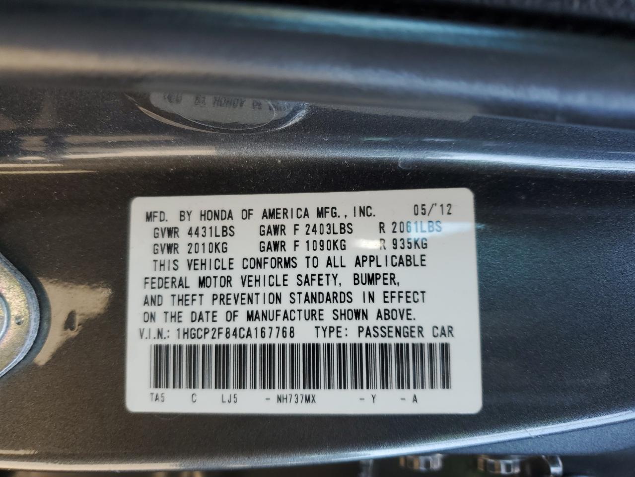 2012 Honda Accord VIN 1HGCP2F84CA167768 Copart auction photo, front end / minor dent/scratches damage thumbnail 12