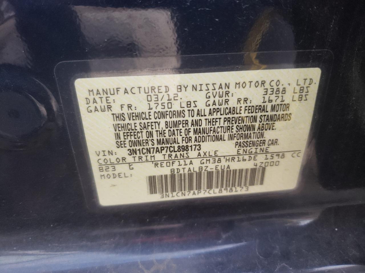 2012 Nissan Versa VIN 3N1CN7AP7CL898173 Copart auction photo, rear end / minor dent/scratches damage thumbnail 12