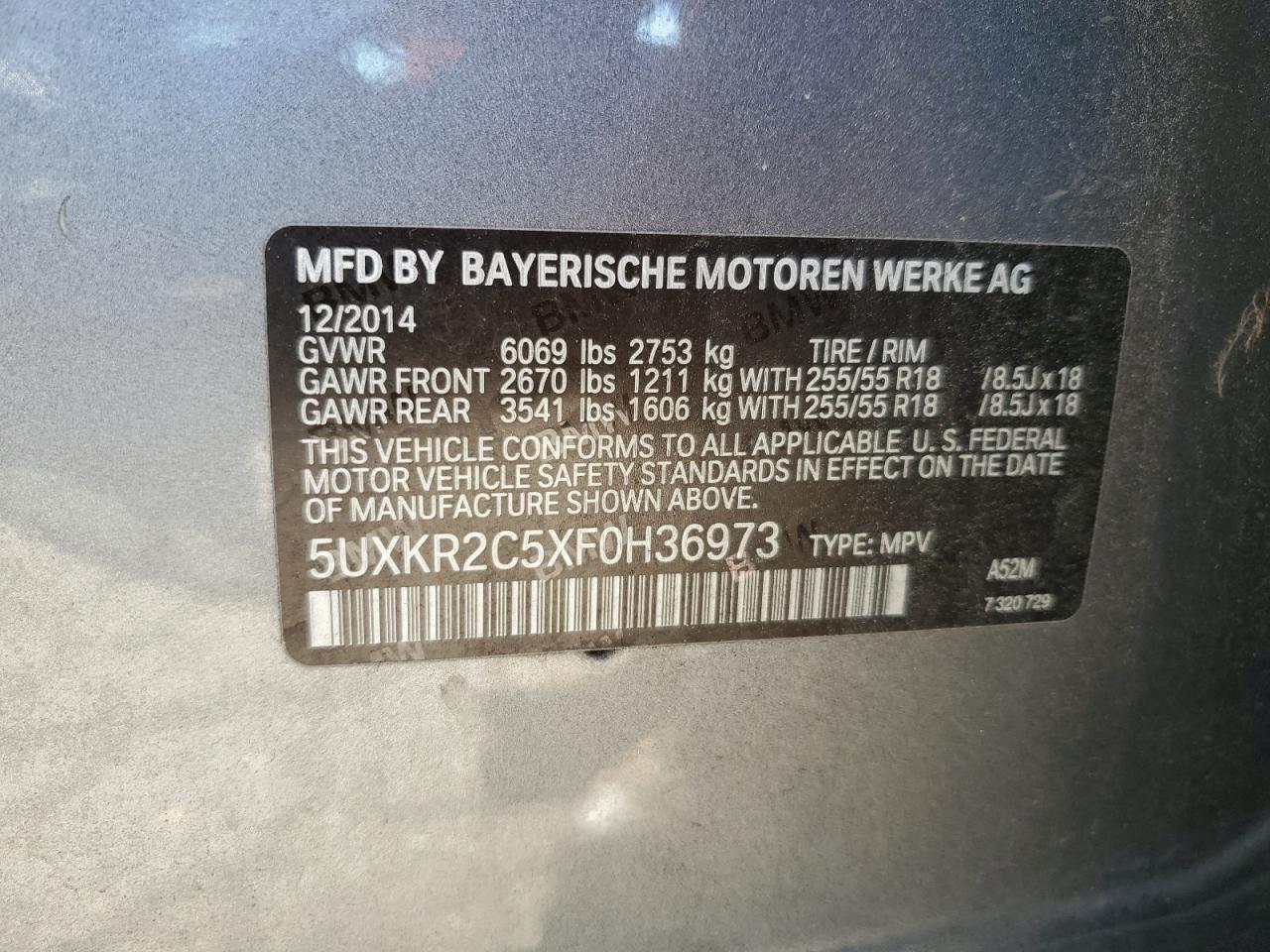 2015 BMW X5 VIN 5UXKR2C5XF0H36973 Copart auction photo, front end damage thumbnail 13