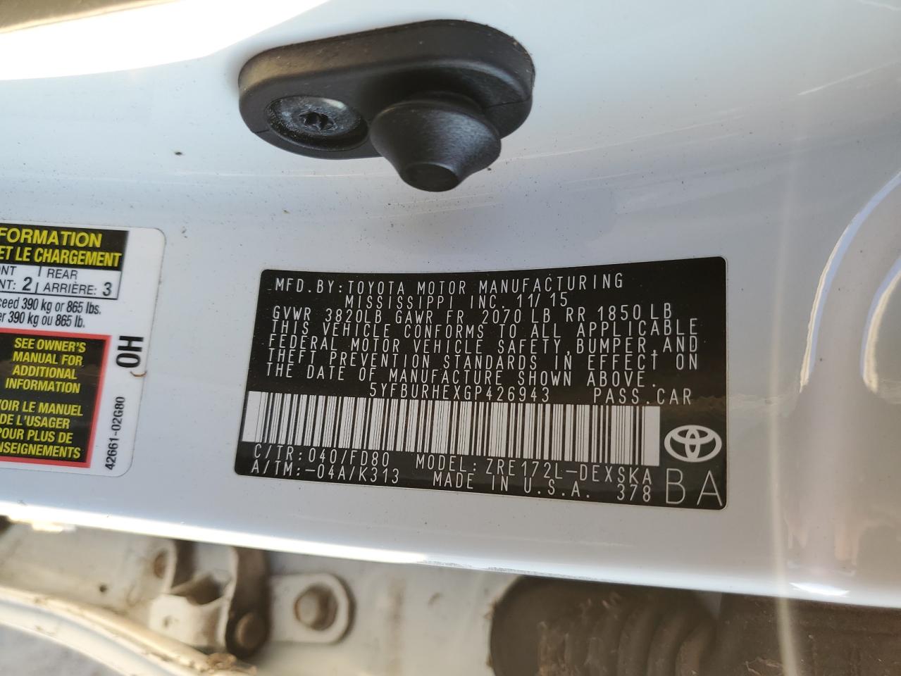 2016 Toyota Corolla VIN 5YFBURHEXGP426943 Copart auction photo, side / rear end damage thumbnail 12