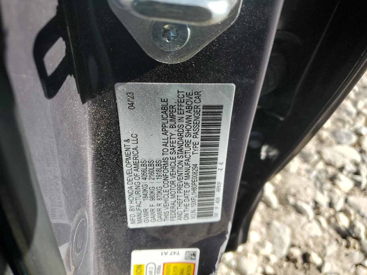 2023 Honda Civic VIN 19XFL1H80PE008294 Copart auction photo, side / front end damage thumbnail 15
