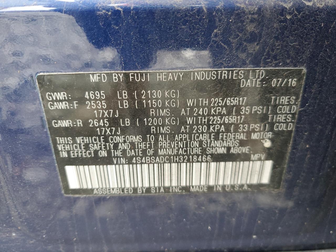 2017 Subaru Outback VIN 4S4BSADC1H3218466 Copart auction photo, rear end damage thumbnail 13