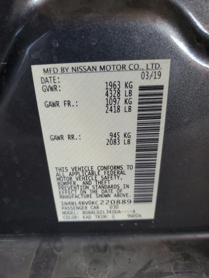 2019 Nissan Altima VIN 1N4BL4BV0KC220889 Copart auction photo, frame damage damage thumbnail 12