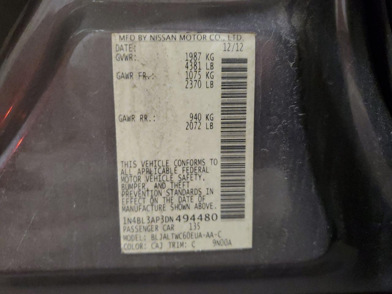 2013 Nissan Altima VIN 1N4BL3AP3DN494480 Copart auction photo, front end damage thumbnail 12