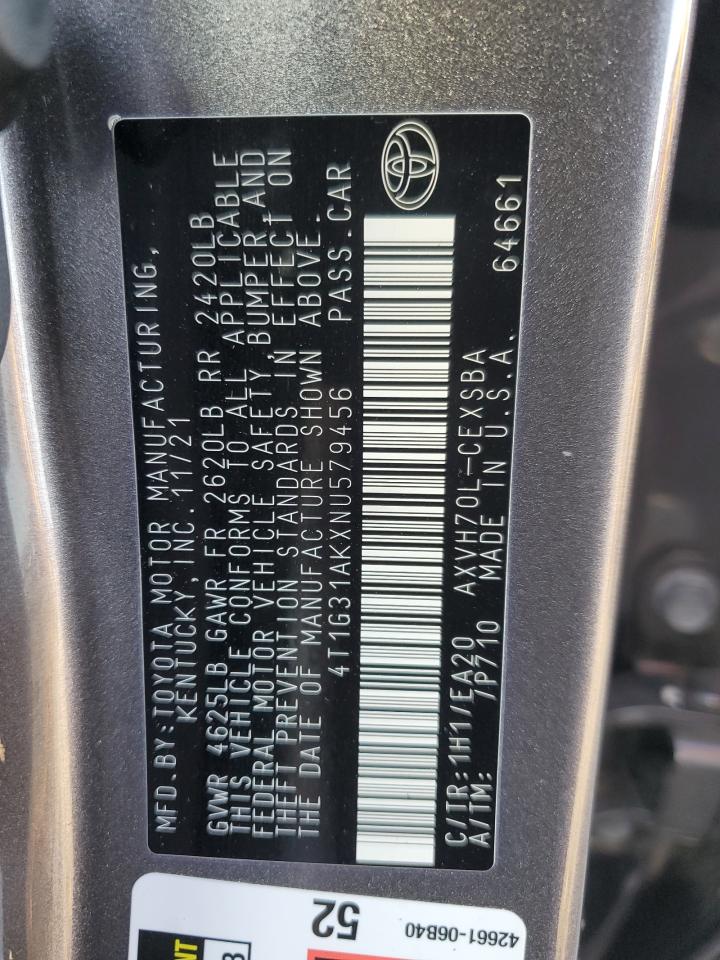 2022 Toyota Camry VIN 4T1G31AKXNU579456 Copart auction photo, water/flood damage thumbnail 13