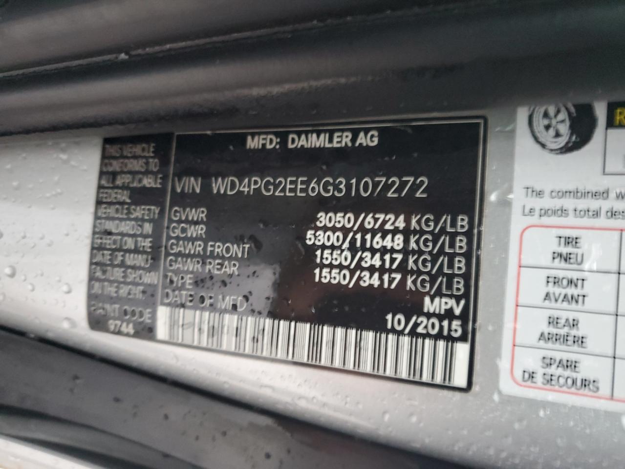 2016 Mercedes-Benz Metris VIN WD4PG2EE6G3107272 Copart auction photo, undercarriage / rear end damage thumbnail 13