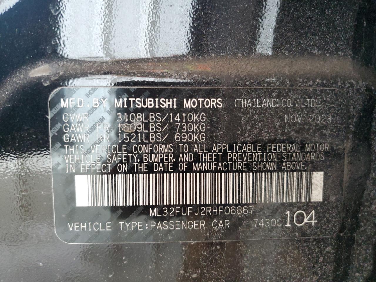 2024 Mitsubishi Mirage VIN ML32FUFJ2RHF06867 Copart auction photo, front end damage thumbnail 15