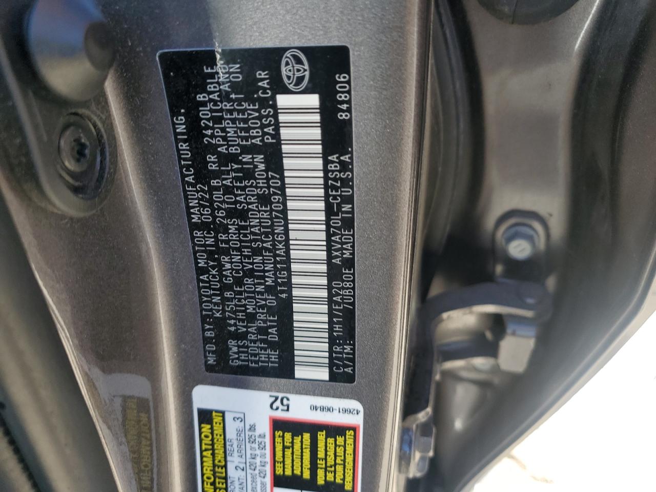 2022 Toyota Camry VIN 4T1G11AK6NU709707 Copart auction photo, front end / rear end damage thumbnail 12