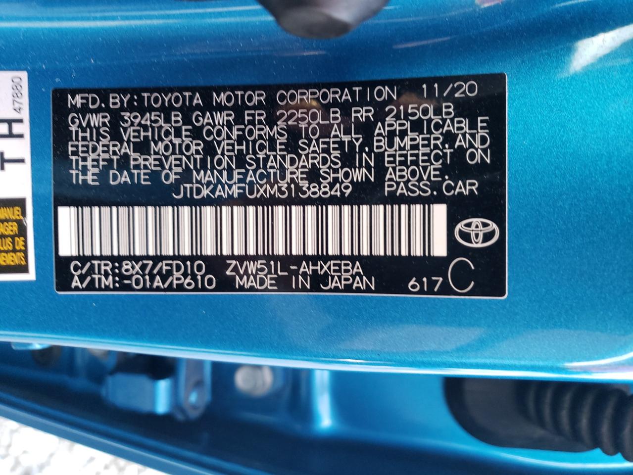 2021 Toyota Prius VIN JTDKAMFUXM3138849 Copart auction photo, rear end damage thumbnail 13
