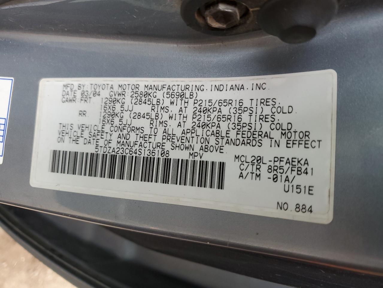 2004 Toyota Sienna VIN 5TDZA23C64S136108 Copart auction photo, rear end / front end damage thumbnail 13