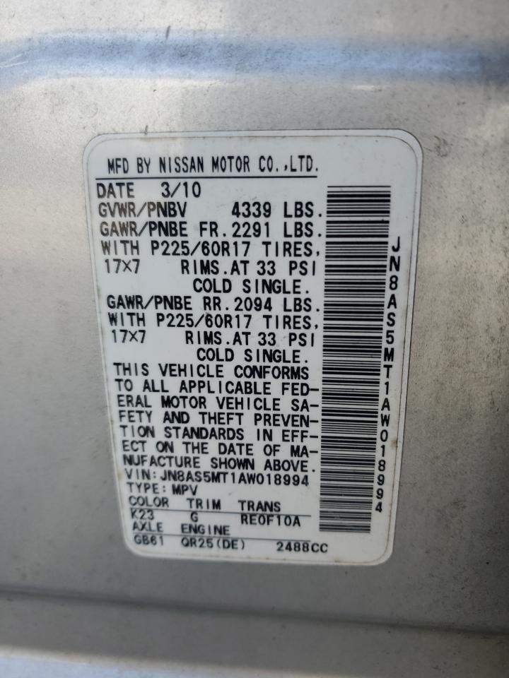 2010 Nissan Rogue VIN JN8AS5MT1AW018994 Copart auction photo, front end / side damage thumbnail 13