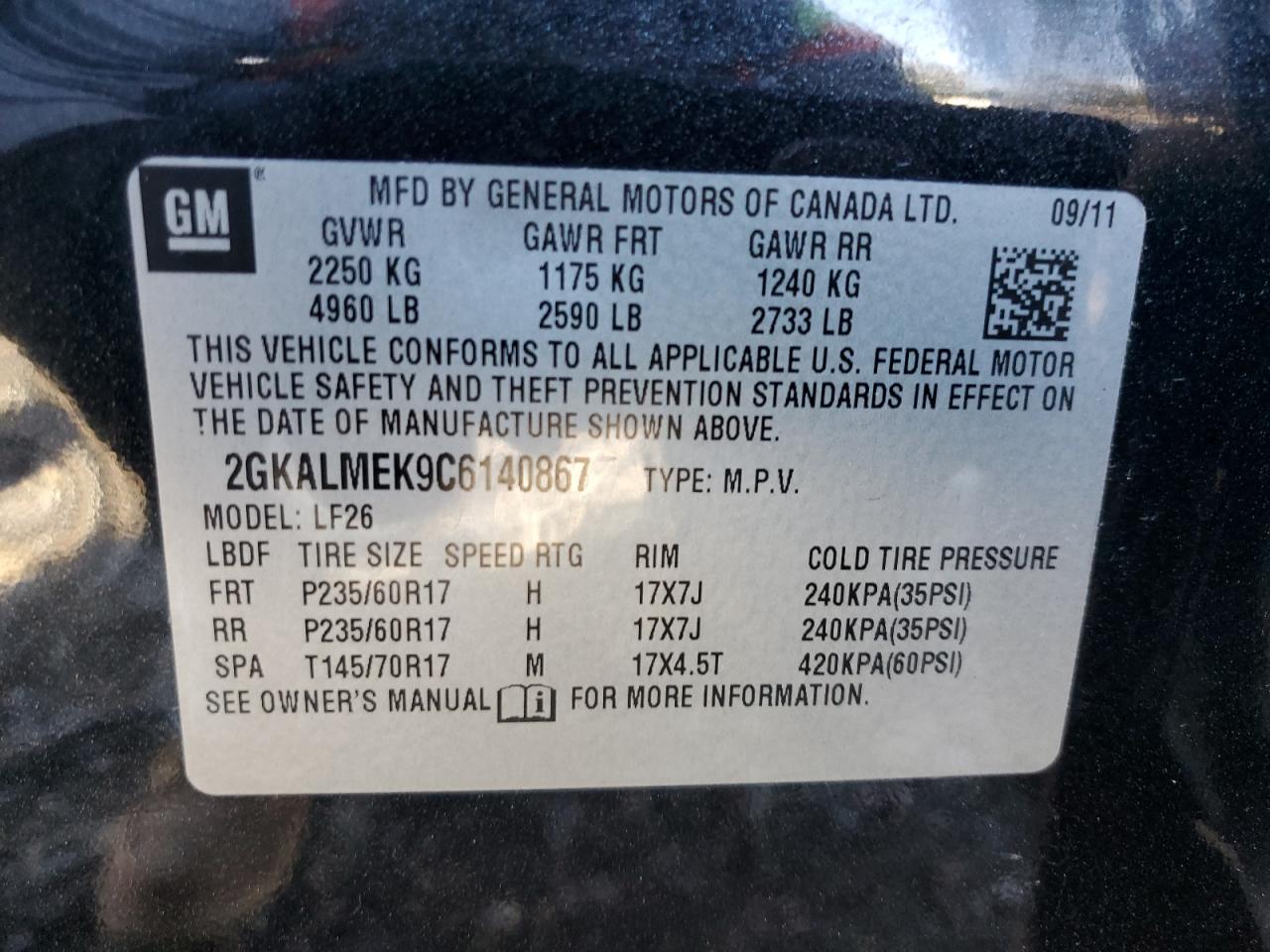 2012 GMC Terrain VIN 2GKALMEK9C6140867 Copart auction photo, front end damage thumbnail 15