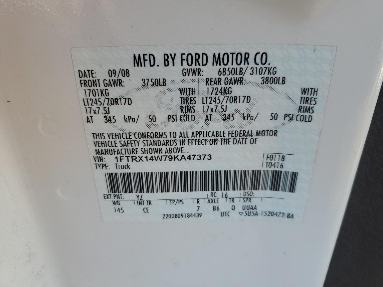 2009 Ford F-150 VIN 1FTRX14W79KA47373 Copart auction photo, all over damage thumbnail 12