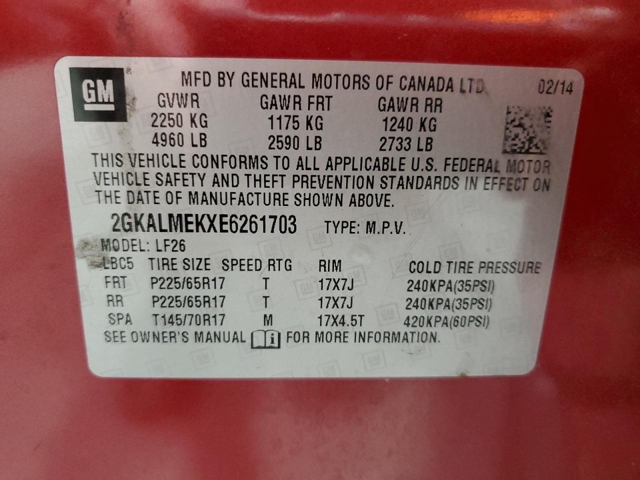 2014 GMC Terrain VIN 2GKALMEKXE6261703 Copart auction photo, hail damage thumbnail 15
