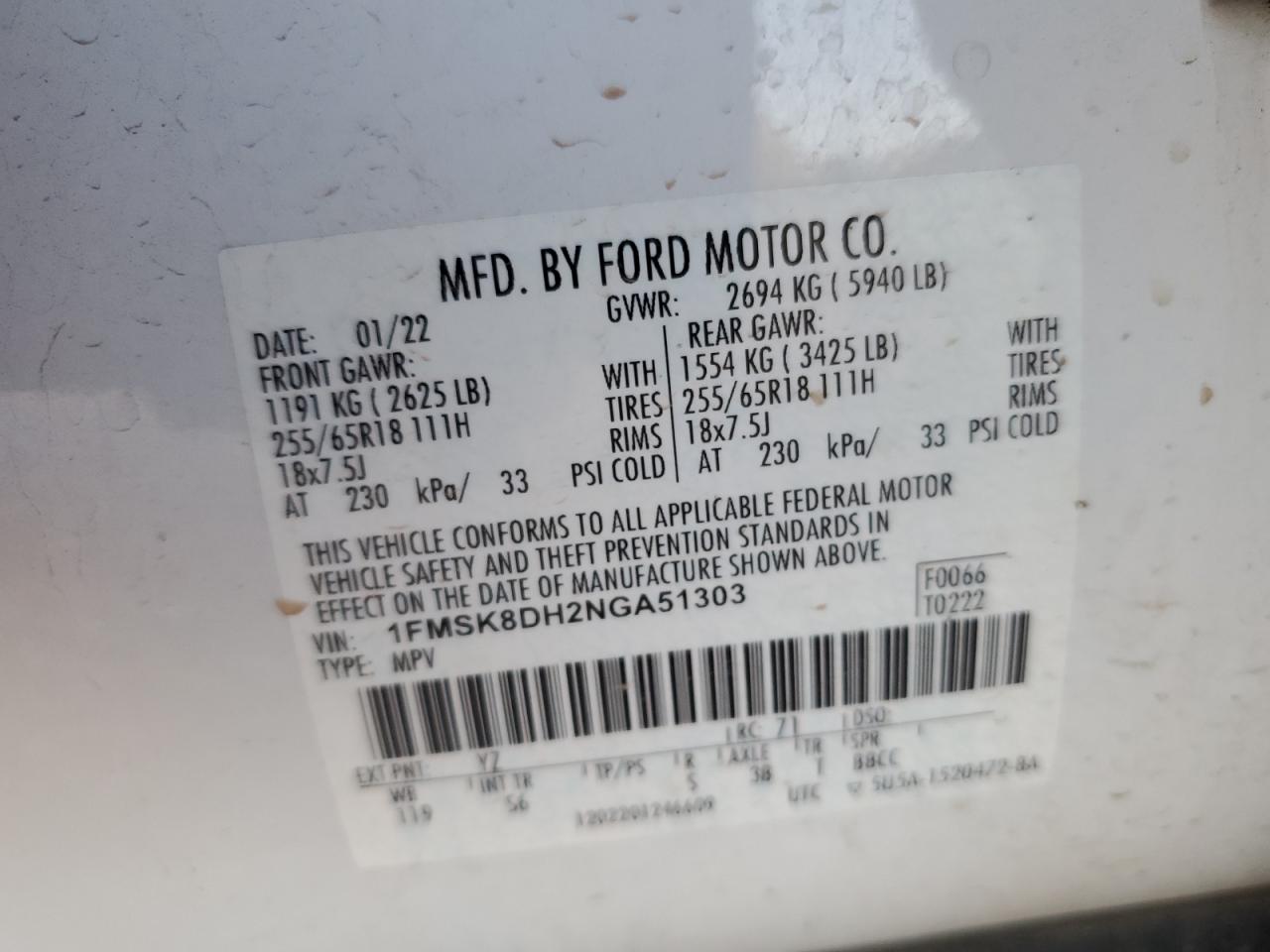 2022 Ford Explorer VIN 1FMSK8DH2NGA51303 Copart auction photo, hail / minor dent/scratches damage thumbnail 13