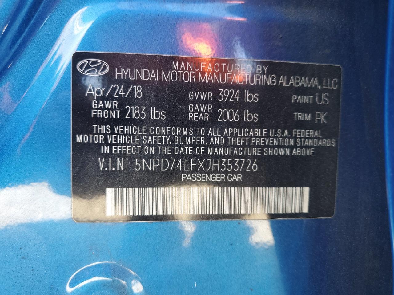 2018 Hyundai Elantra VIN 5NPD74LFXJH353726 Copart auction photo, front end damage thumbnail 14