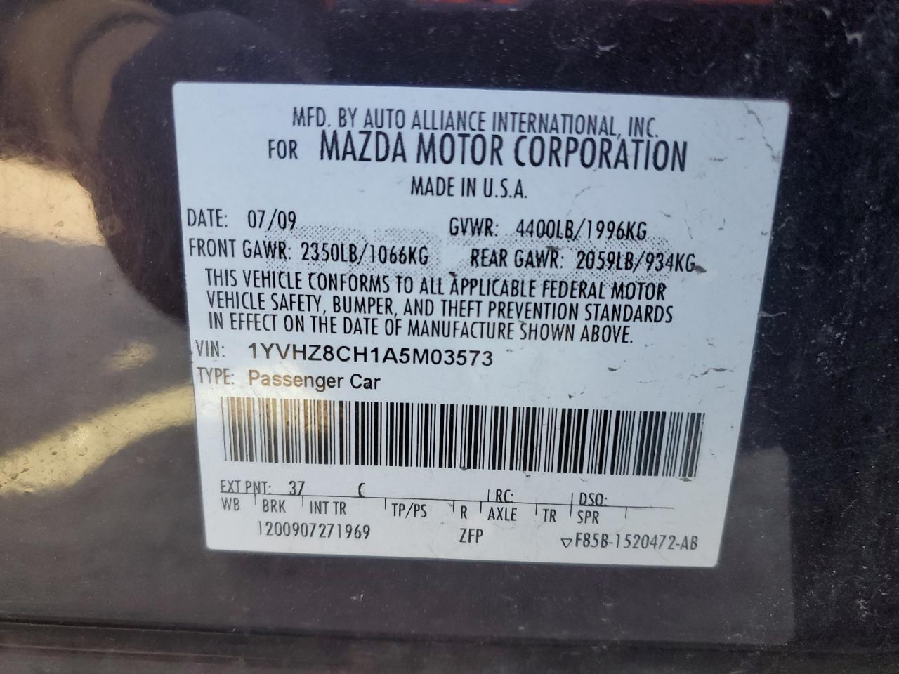 2010 Mazda 6 VIN 1YVHZ8CH1A5M03573 Copart auction photo, side damage thumbnail 14