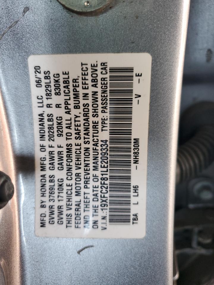 2020 Honda Civic VIN 19XFC2F81LE209334 Copart auction photo, front end damage thumbnail 12