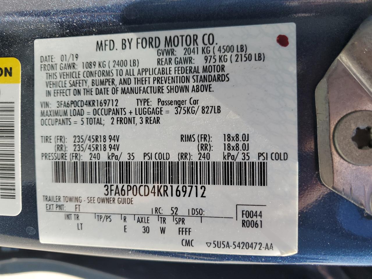 2019 Ford Fusion VIN 3FA6P0CD4KR169712 Copart auction photo, hail damage thumbnail 12